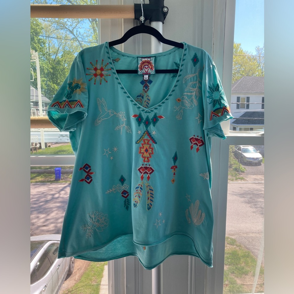 Johnny Was short sleeve tee with southwest embroidered theme.
